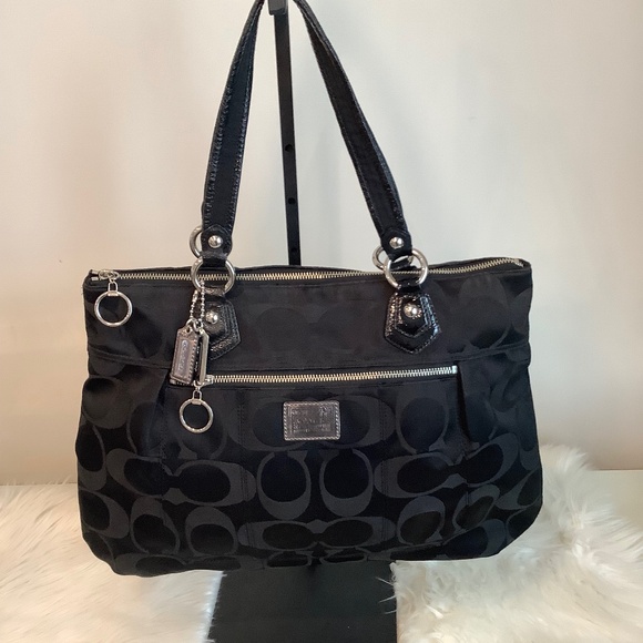 Coach Black Signature Jacquard Tote Bag w/ Patent Leather Trim & Pink Interior - Picture 1 of 10